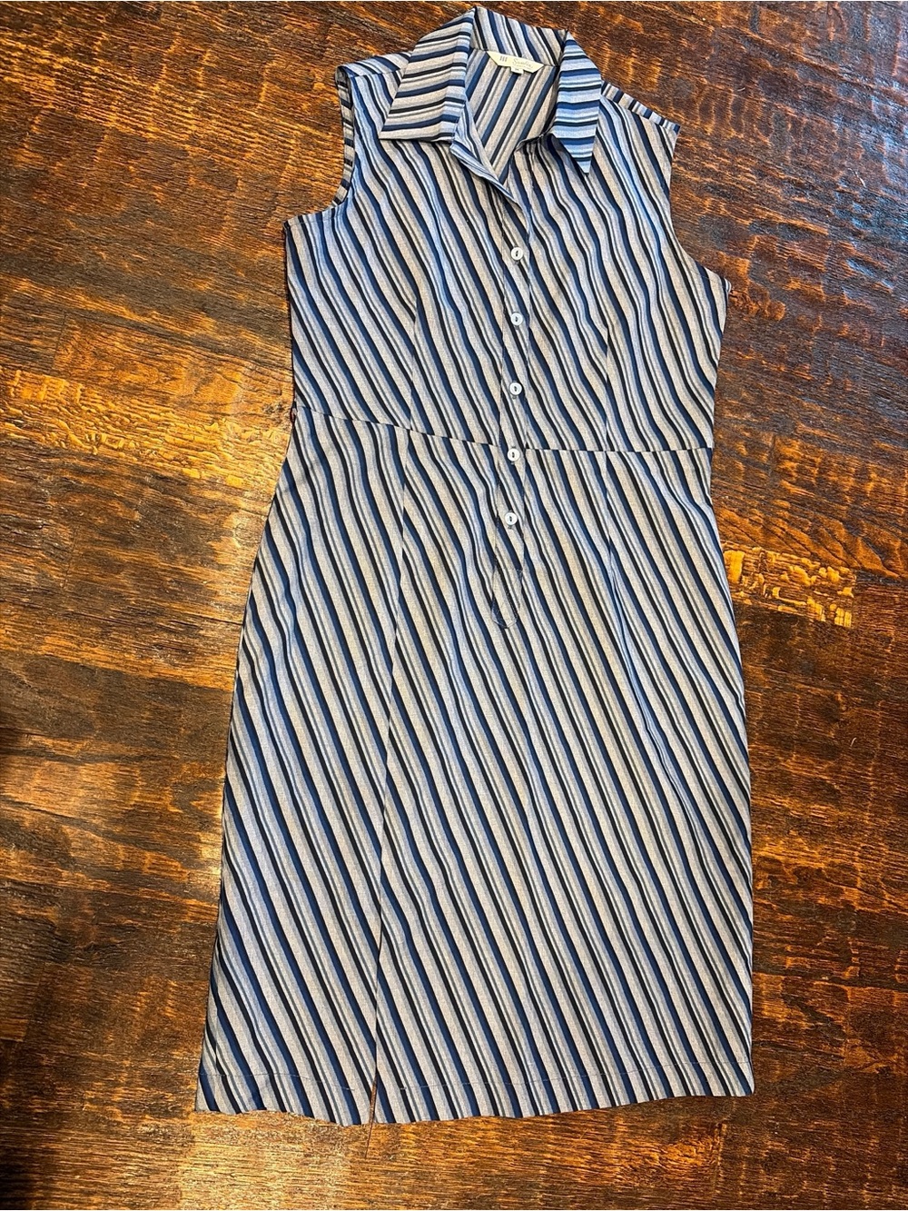 Vintage Samlin Sleeveless Blue and White Striped Midi Shirt Dress
